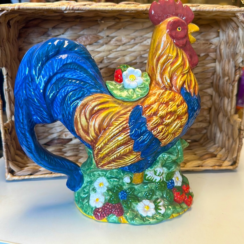 Rooster Teapot Tea Pot Burton & Burton Blue Tail Feather Handle and Lid
